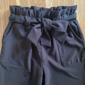 Grace Karin Women Ruffle High Waist Tie Bow Crop Ankle Pants Black Elastic Waist